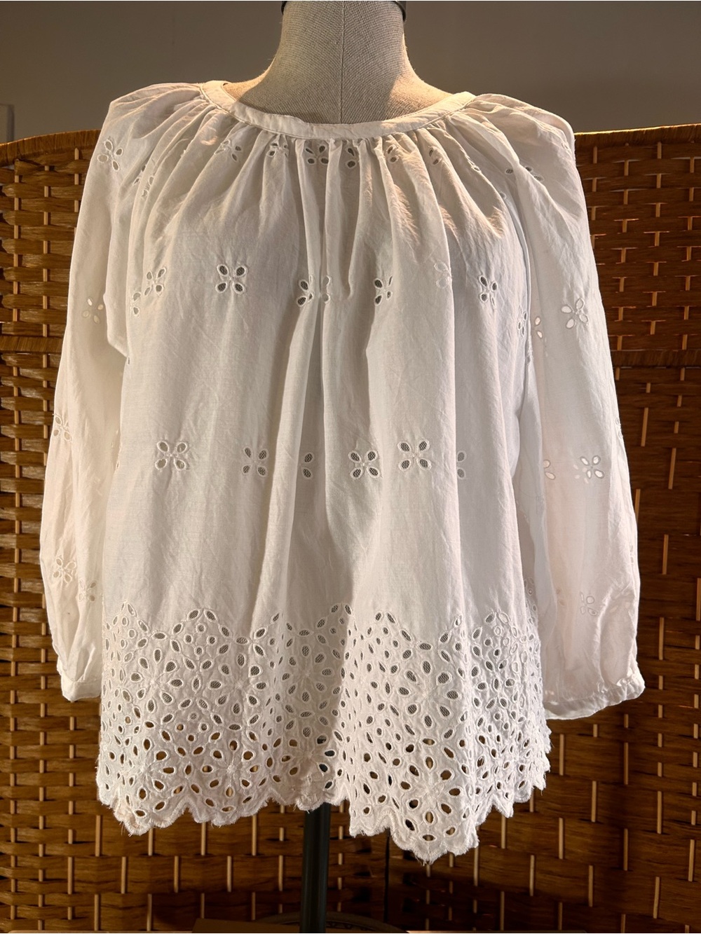 White Eyelet Embroidered Peasant Boho Cottagecore Cotton Blouse Top L